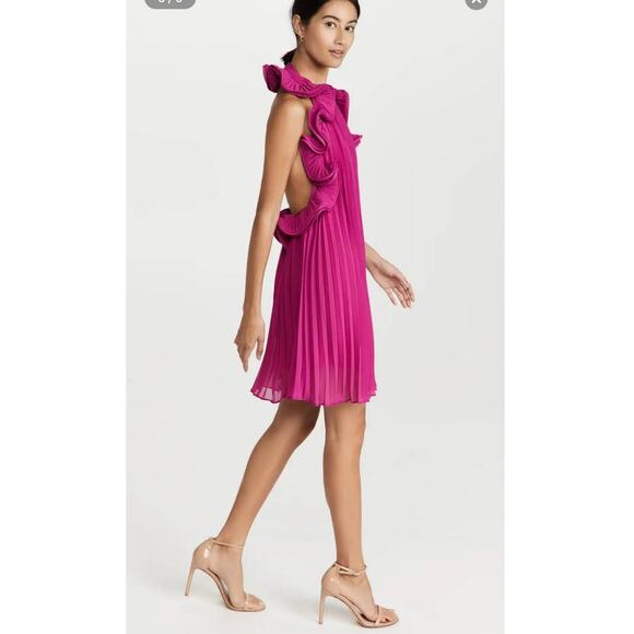 Amur Mimi Mini Dress Pleated Pink Magenta Peacock Chiffon Halter Ruffles 12 - Picture 9 of 15